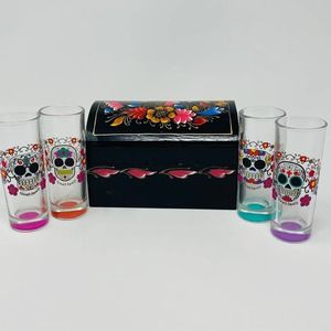 Vintage Halloween Sugar Skull Barware Shot GlassSet With Hand Painted Wood Box